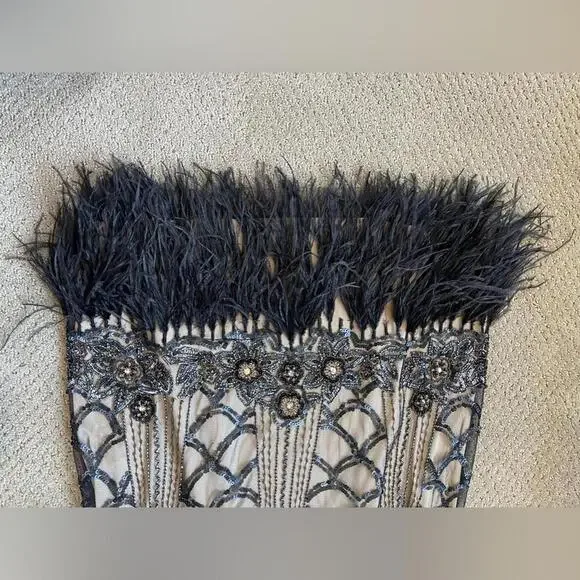 SUE WONG Black & nude beaded, sequin ostrich feather dress - Picture 4 of 9